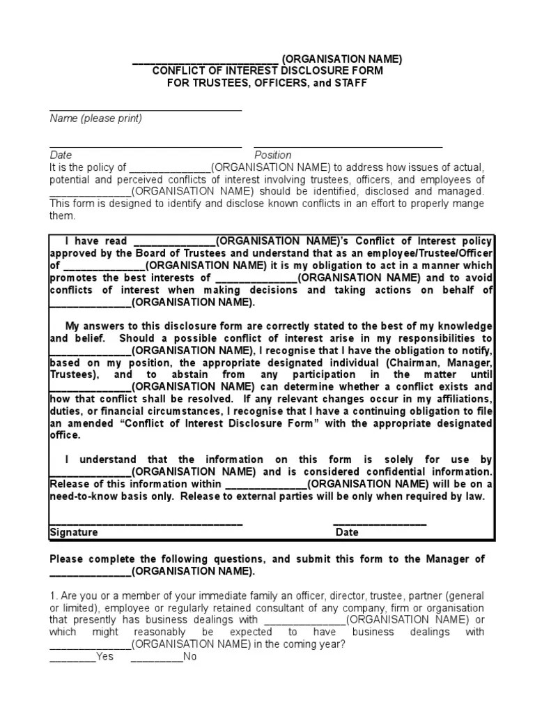 Conflict of Interest Disclosure Form SAMPLE Conflict Of Interest