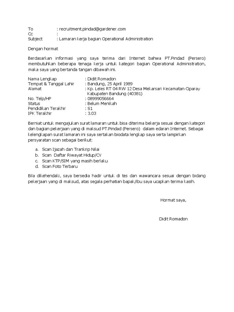 14 Contoh Surat Lamaran Kerja Ke Pt Pindad