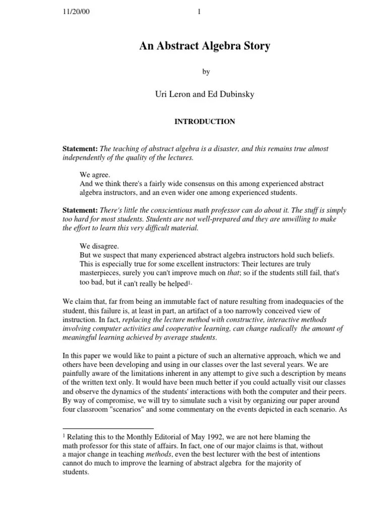 An Abstract Algebra Story Uri Leron and Ed Dubinsky PDF Group