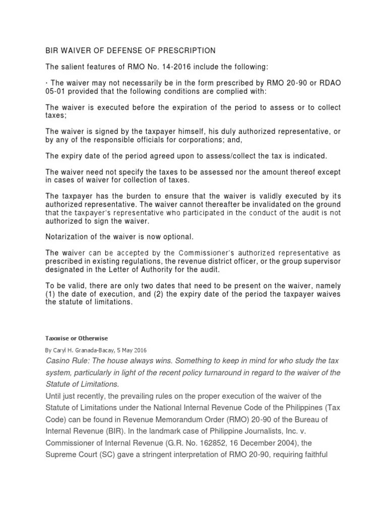 Bir Waiver of Defense of Prescription Statute Of Limitations