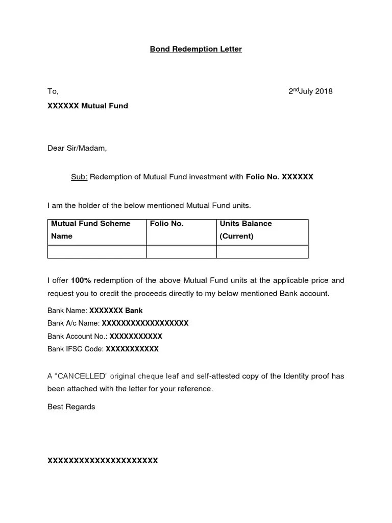 Bond Redemption Letter PDF
