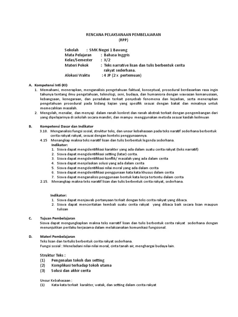RPP 10 Text Narrative Cerita Rakyat Sederhana