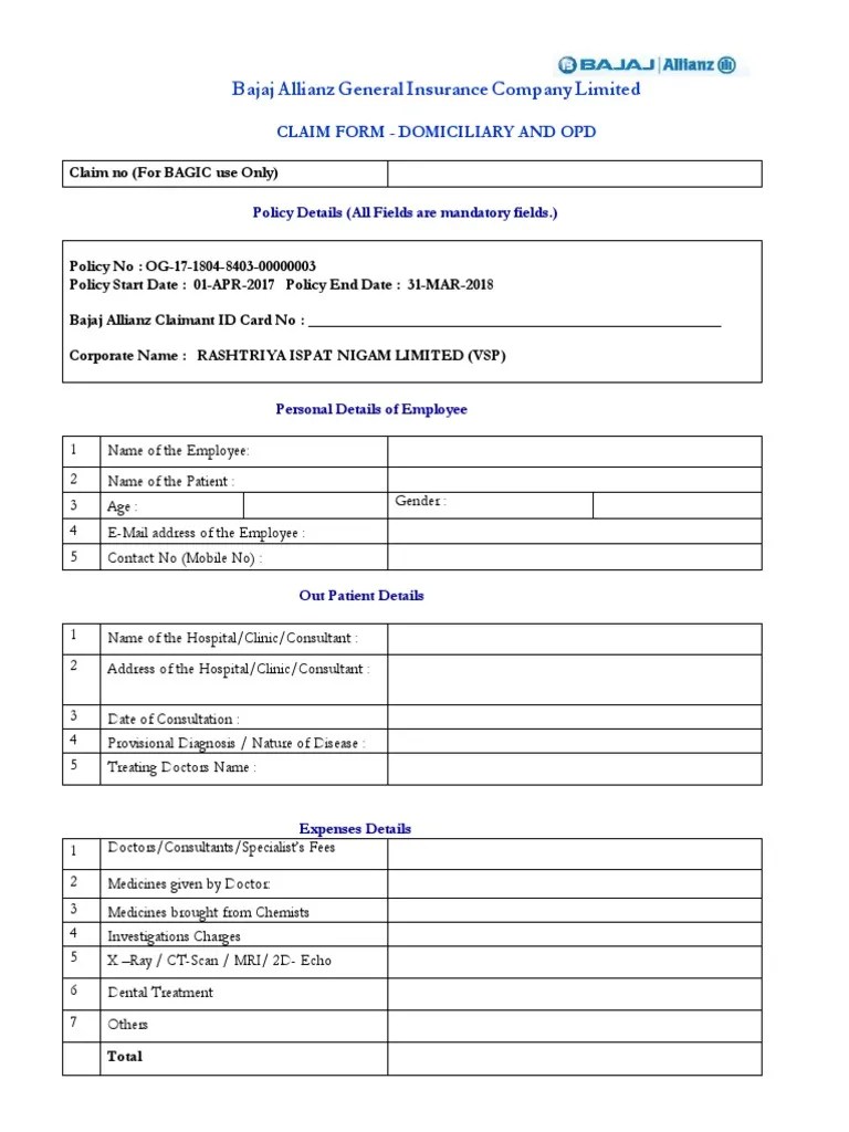 Bajaj Allianz General Insurance Company Limited Claim Form Domiciliary and Opd PDF