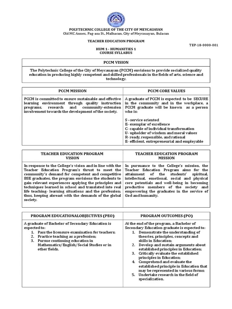 Humanities 1 Syllabus Teacher Education Teachers