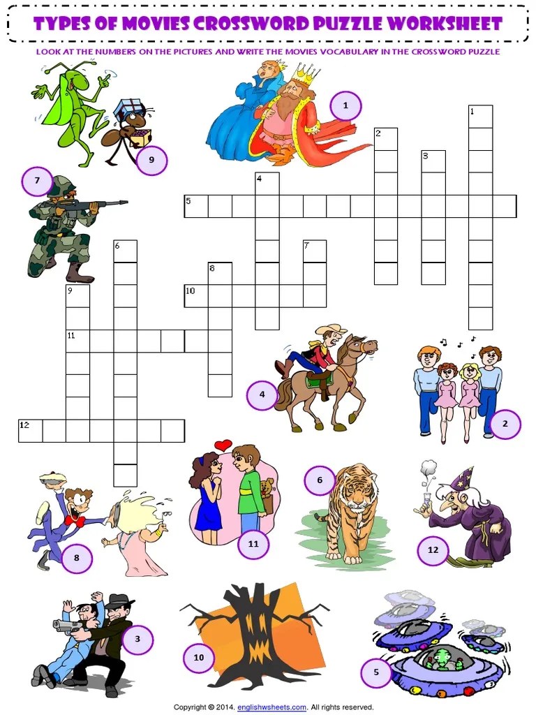 types of films movies esl vocabulary criss cross crossword puzzle