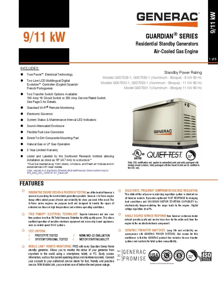 Generac Spec Sheet 9kw and 11kw | PDF | Electric Generator | Battery