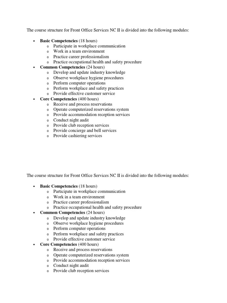 The Course Structure For Front Office Services NC II Is Divided Into