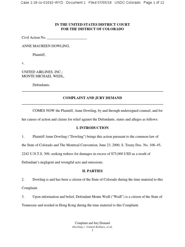 Anne Dowling vs. United Airlines PDF Intentional Infliction Of