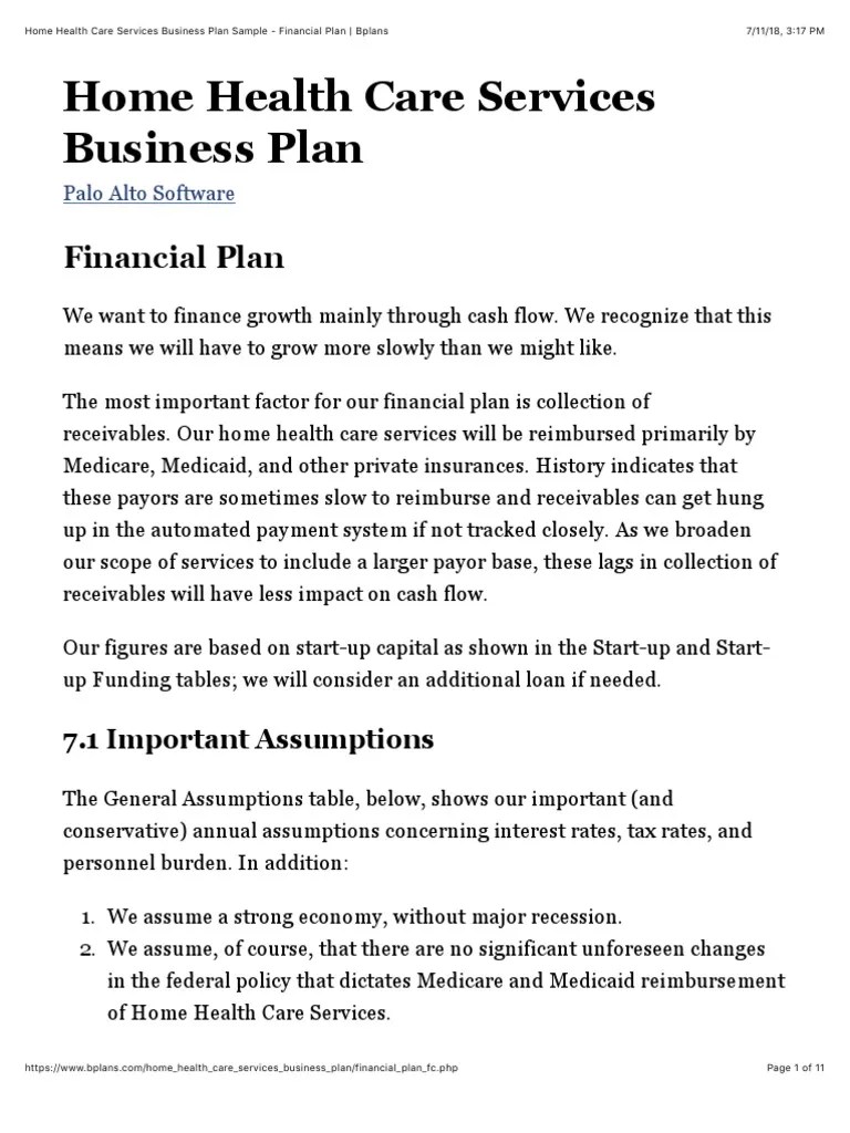 Home Health Care Services Business Plan Sample Financial Plan PDF