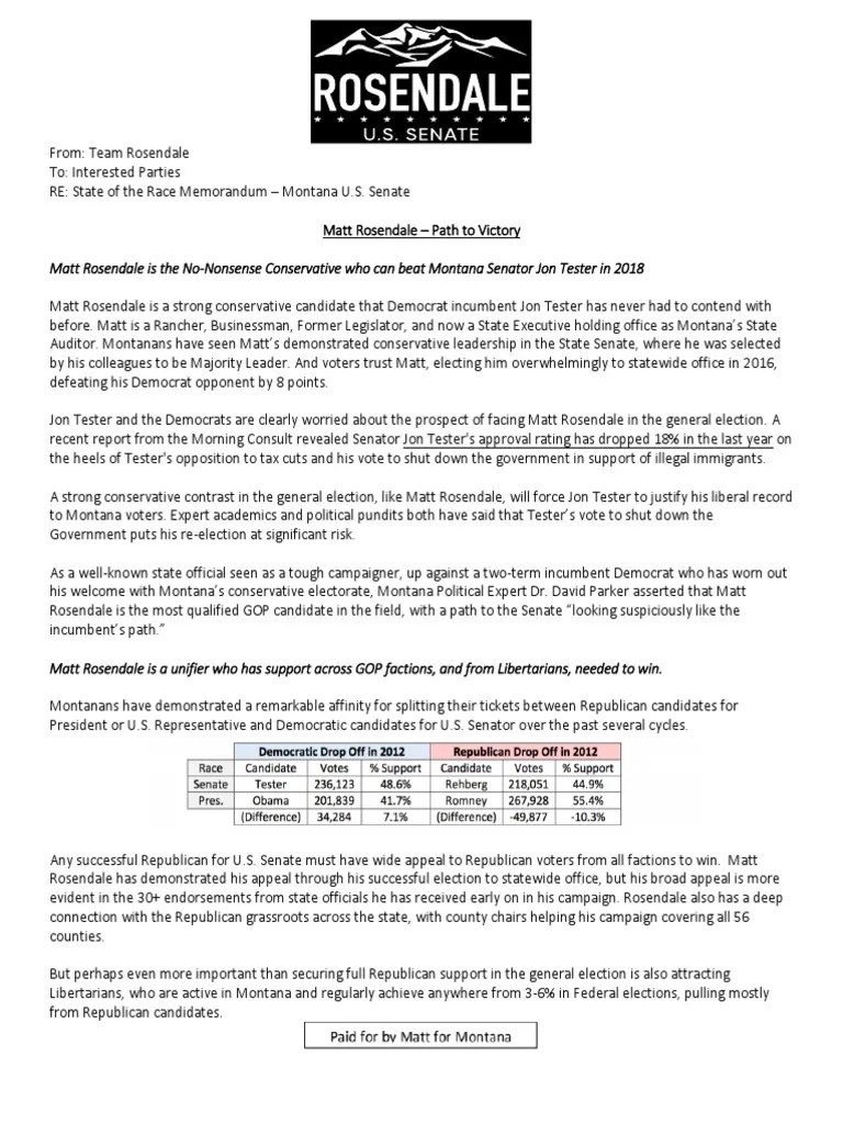 Matt Rosendale Path To Victory PDF Republican Party (United