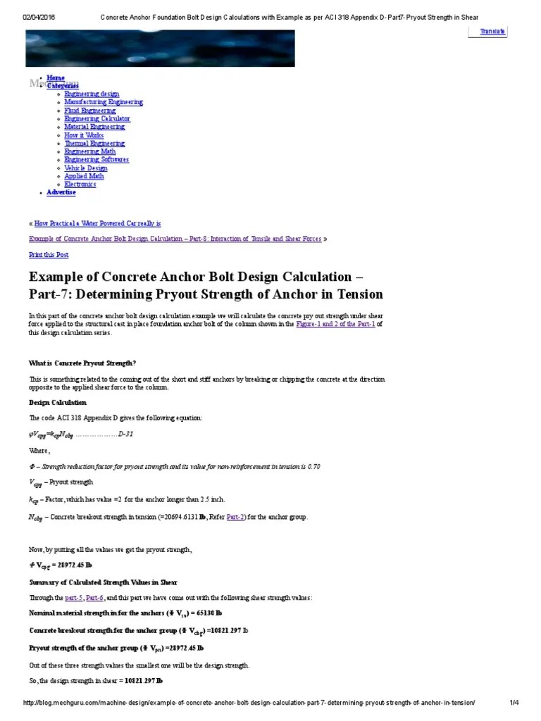 Concrete Anchor Foundation Bolt Design Calculations With Example as Per