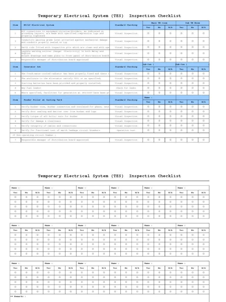 Temporary Electrical System Inspection Checklist Electrical Equipment