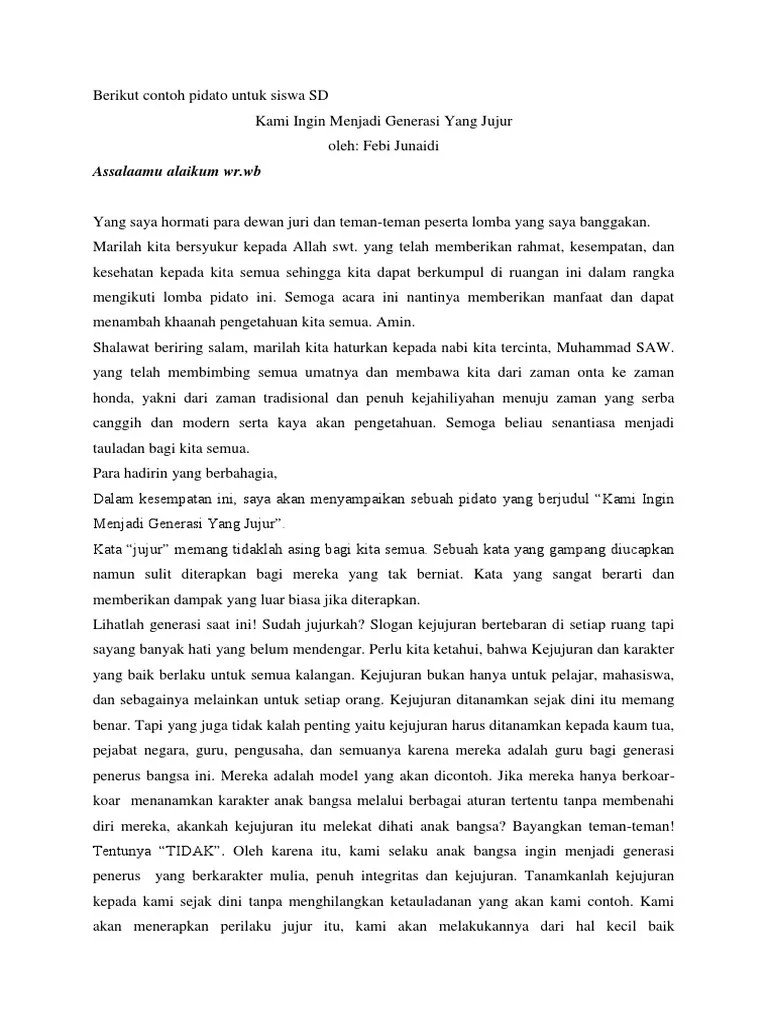 Teks Pidato Anak Sd Tentang Kejujuran Berbagai Teks Penting