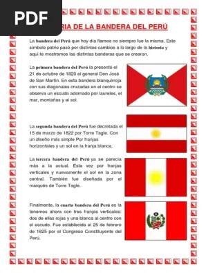 La bandera de la república del perú forma parte de los símbolos patrios oficiales que representan la historia, lucha y cultura del pueblo peruano, con el cual se sienten identificados alrededor del mundo y representan su identidad y unión. Historia De La Bandera Del Peru