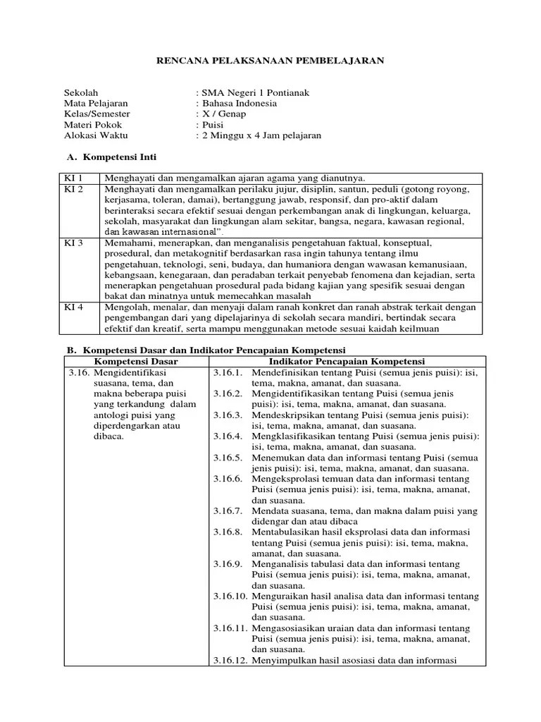 Rpp Bahasa Indonesia Sma Kurikulum 2013 Tentang Puisi KT Puisi