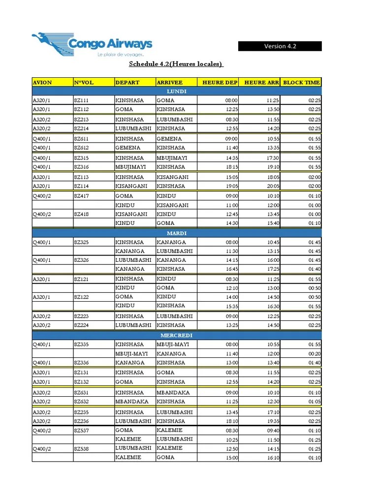 Flight Schedule for Domestic Routes in the Democratic Republic of Congo