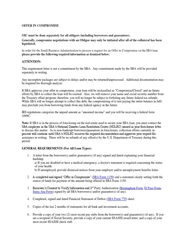 Offer in Compromise Requirement Letter Small Business Administration