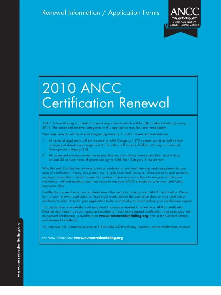 ANCC Application & Directions For Renewal of Certification Nurse
