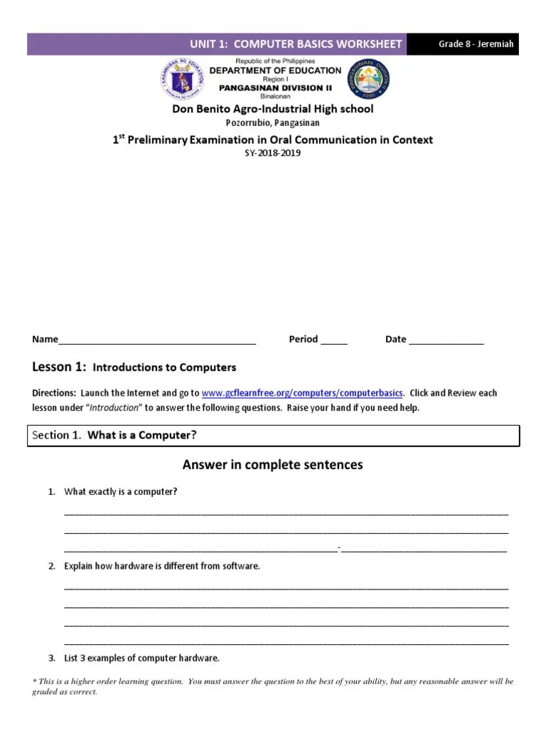 Computer Basics Worksheet Answer Key