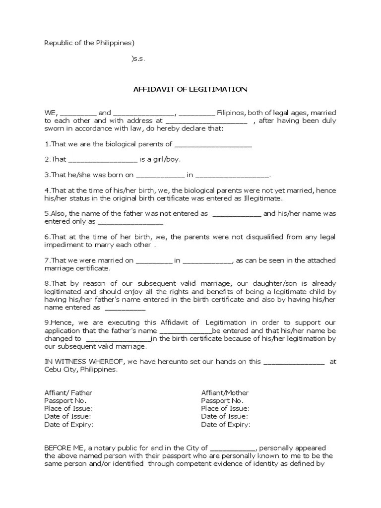 Affidavit of Legitimation Affidavit Birth Certificate Free 30day