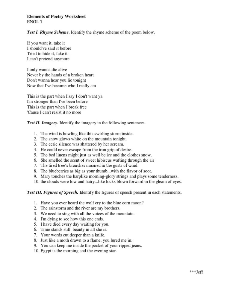 Elements of Poetry Worksheet | PDF