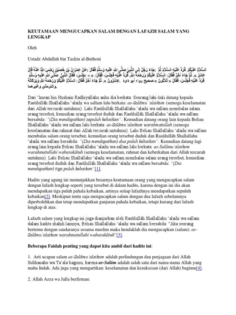 Keutamaan Mengucapkan Salam Dengan Lafazh Salam Yang Lengkap | PDF