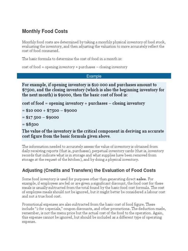 Monthly Food Costs PDF Inventory Economies