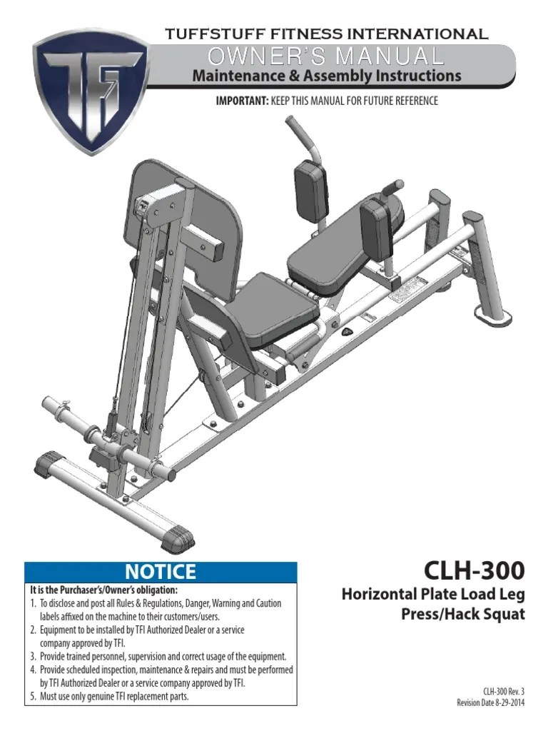 TuffStuff Evolution Horizontal Leg Press / Hack Squat (CLH300) Owner's Manual Nut (Hardware