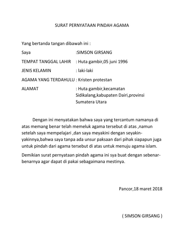 Contoh Surat Pernyataan Masuk Islam Contoh Surat