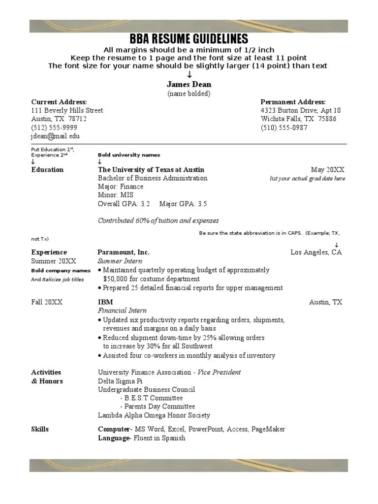 BBA Sample Resume With Directions