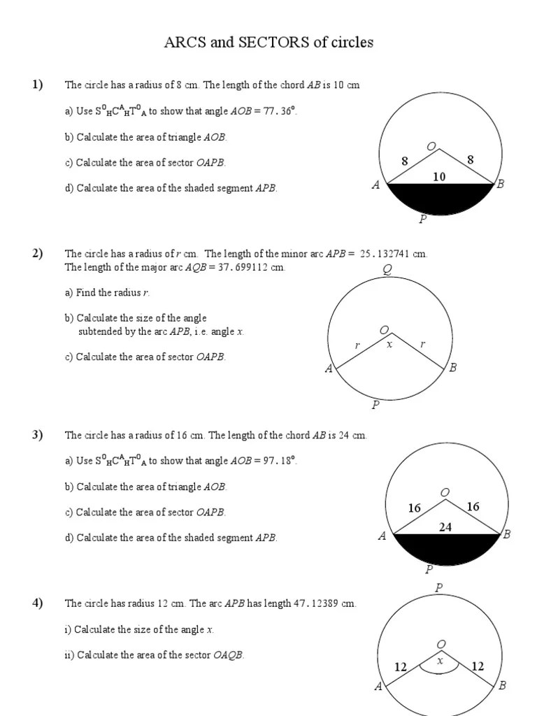 Arcs and Sectors Worksheet PDF Circle Area