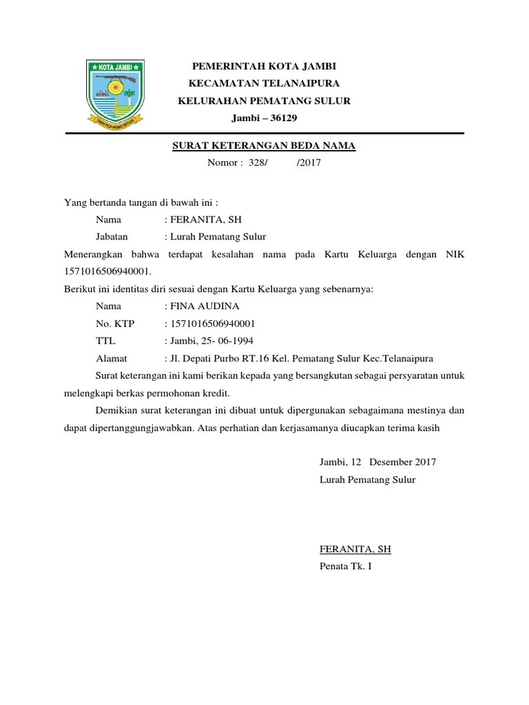 Surat Keterangan Beda Nama | PDF