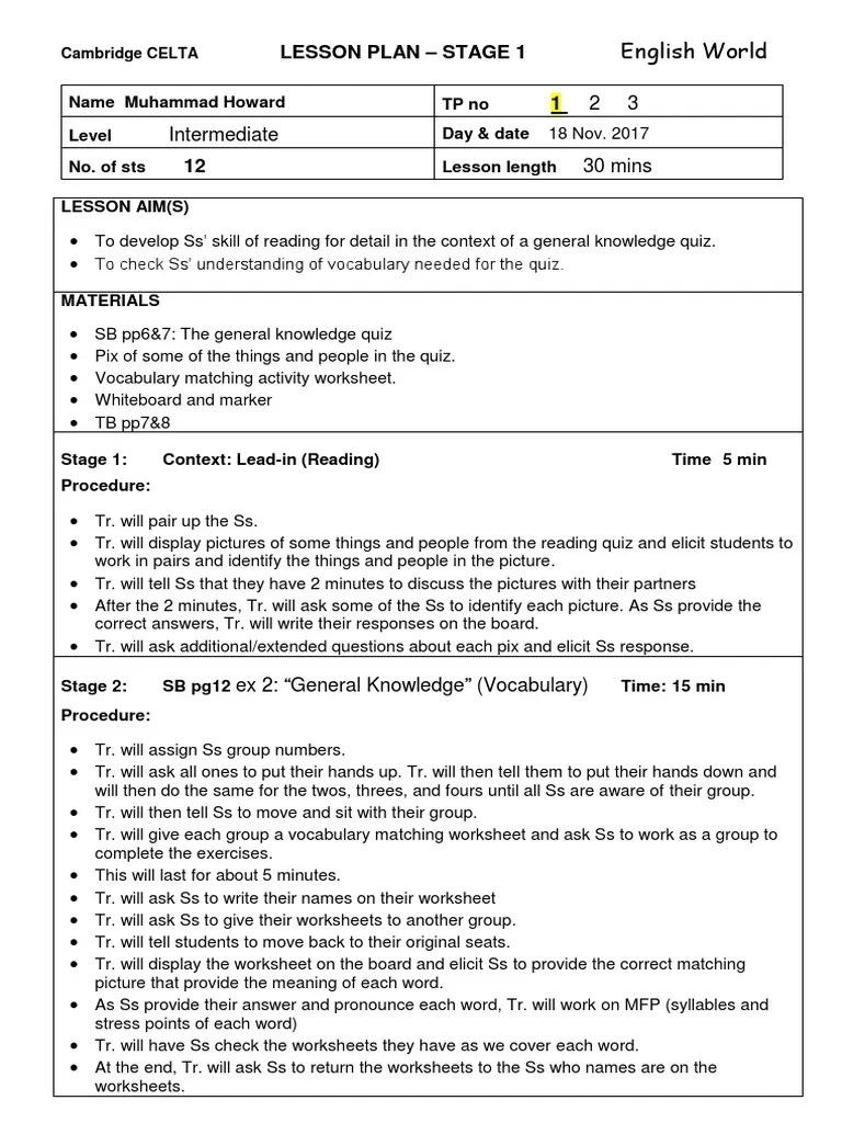 CELTA Lesson Plan TP 1 2017 PDF Quiz Vocabulary