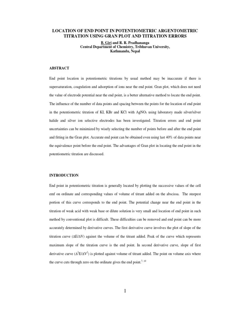 Location of End Point in Potentiometric Argentometric Titration Using Gran Plot and Titration
