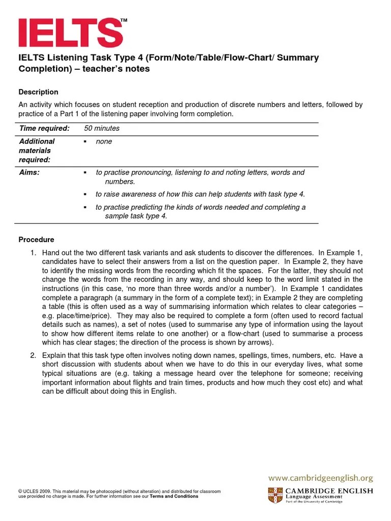IELTS Listening Task 4 Form, Note, Table, Flowchart, Summary