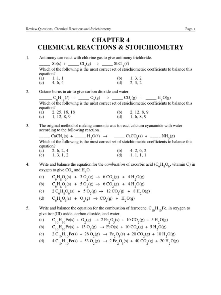 Review Questions Chemical Reactions and Stoichiometry