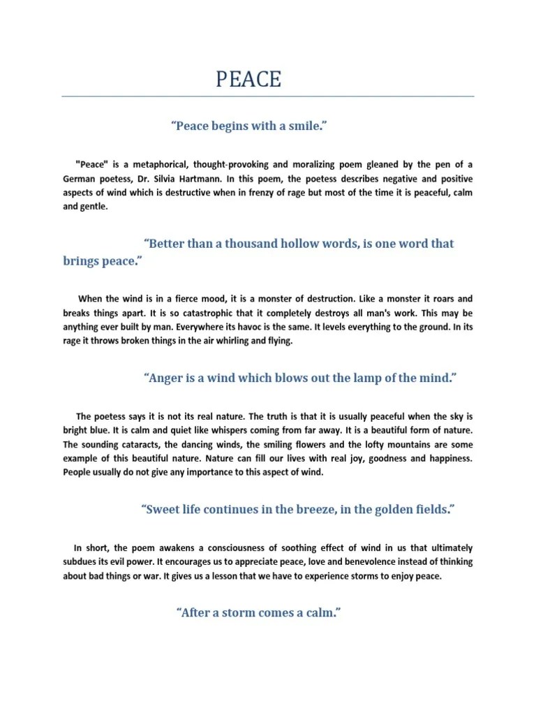 Peace Summary 10th Class English Wound