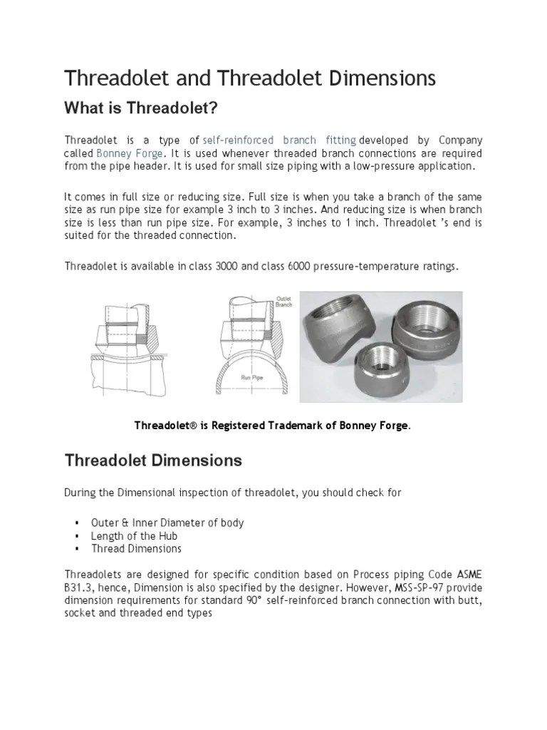 Threadolet and Threadolet Dimensions PDF Pipe (Fluid Conveyance