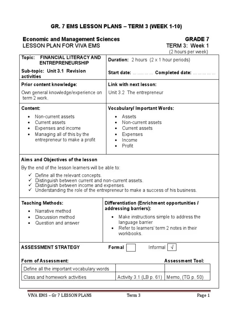 Viva Ems Gr. 7 Lesson Plans Term 3 Week 1 10 | Teaching Method | Lesson