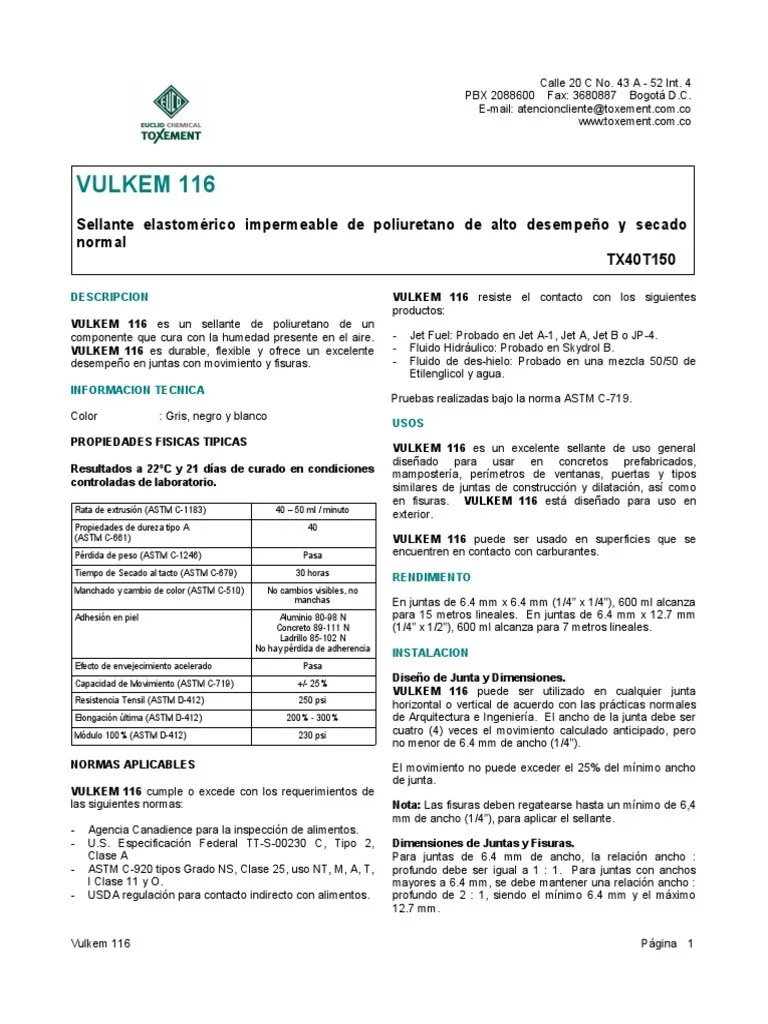 vulkem116 Aluminio Materiales