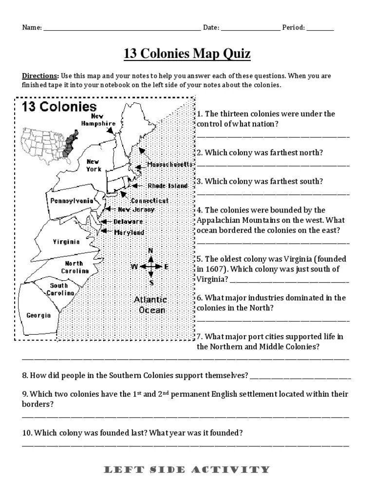 13 Colonies Map Quiz | PDF | Geography | Nature