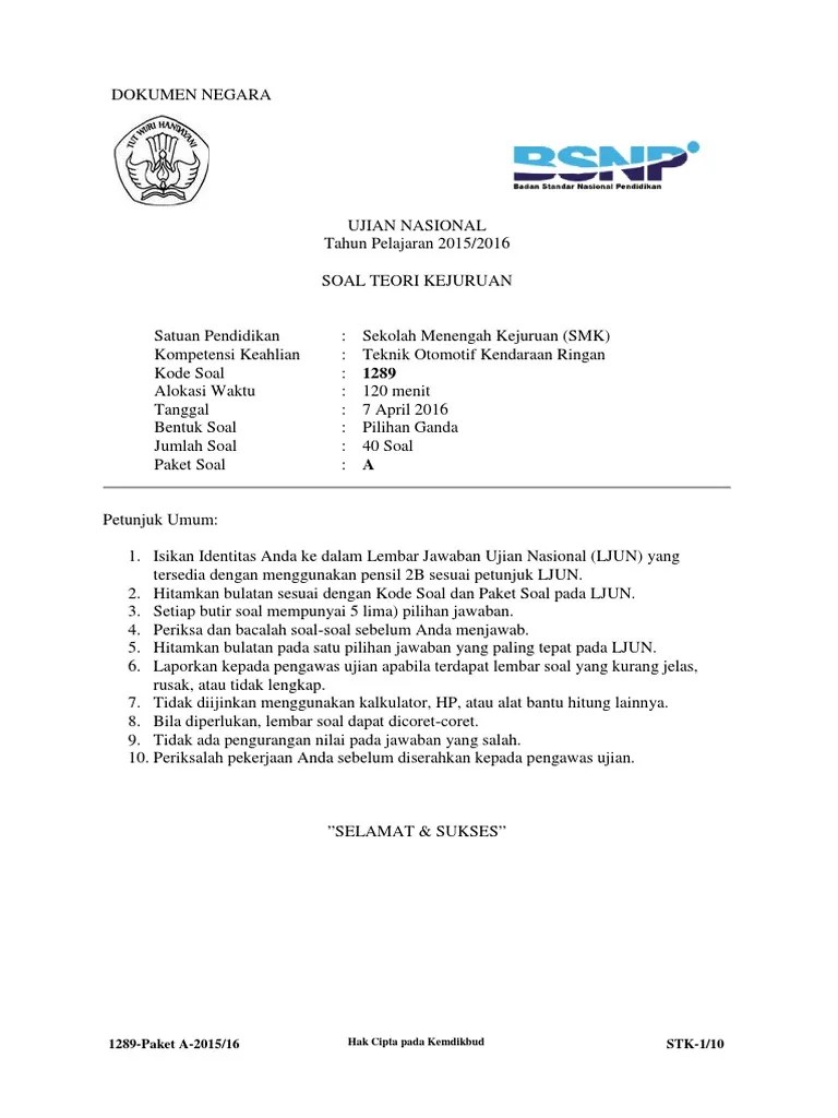 Soal Un Teori Kejuruan Otomotif Dan Kunci Jawaban Berkas Pendidikan