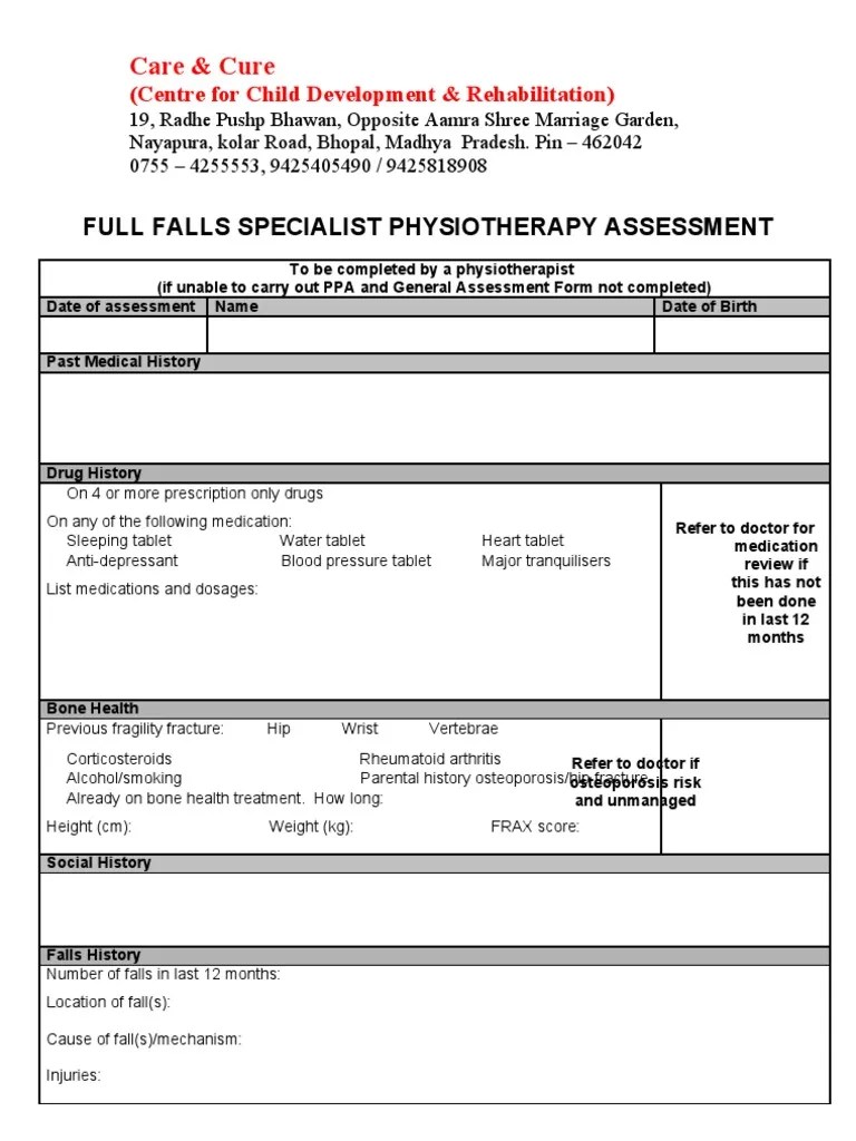 Specialist Physiotherapy Assessment Form Physical Therapy Urinary