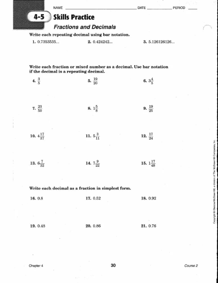 Terminating and Repeating Decimals Worksheet