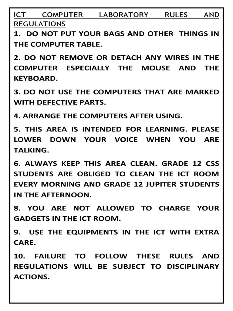 ICT Computer Laboratory Rules AND Regulations PDF Educational