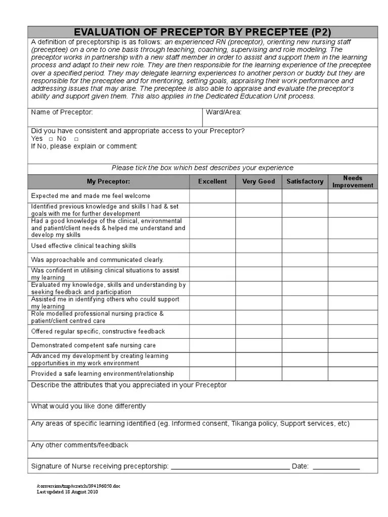 Evaluation of Preceptor by Preceptee | Nursing | Evaluation