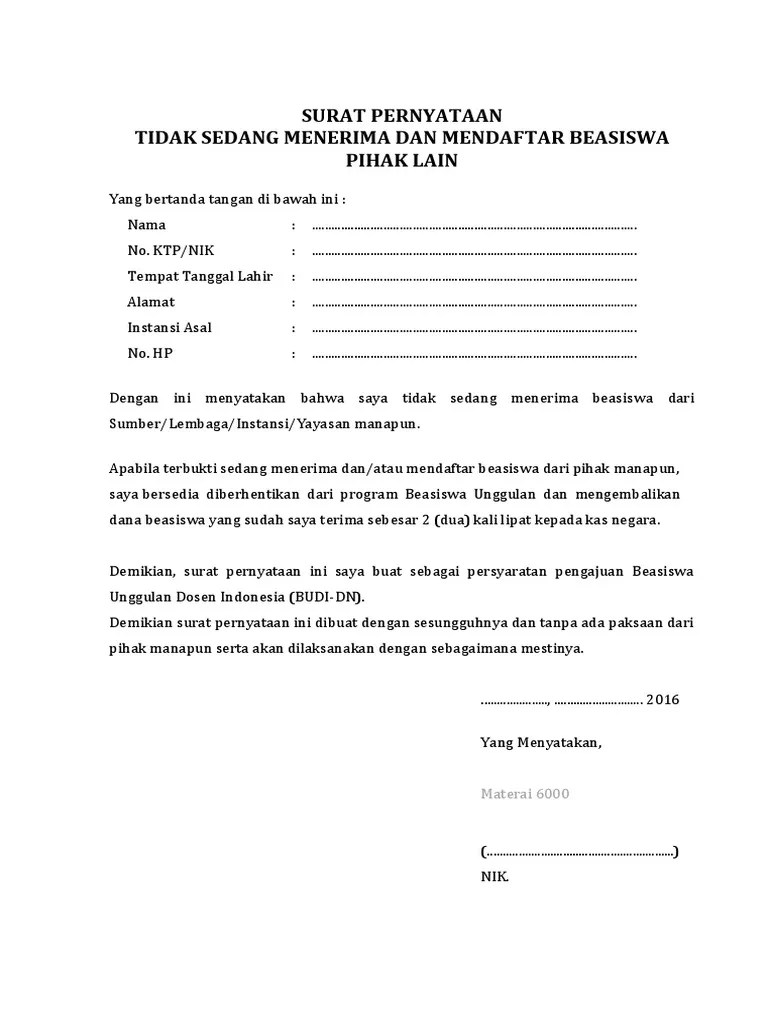 Contoh Surat Pernyataan Tidak Sedang Menerima Beasiswa Lain | Pdf