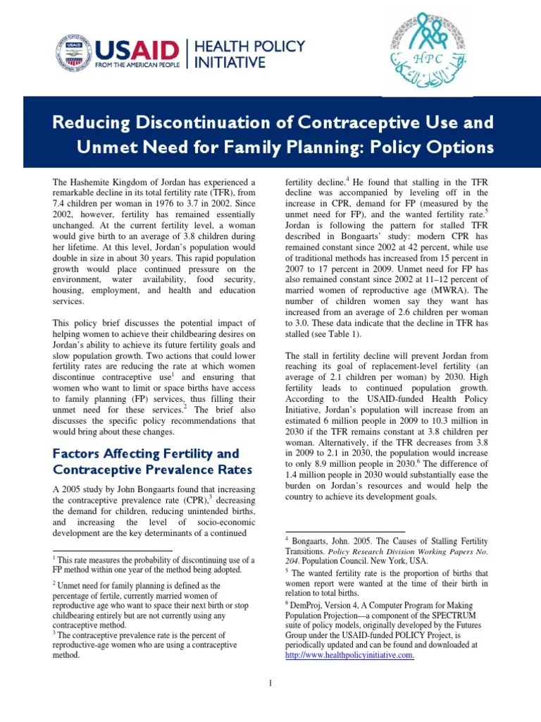 Reducing Discontinuation of Contraceptive Use and Unmet Need For Family