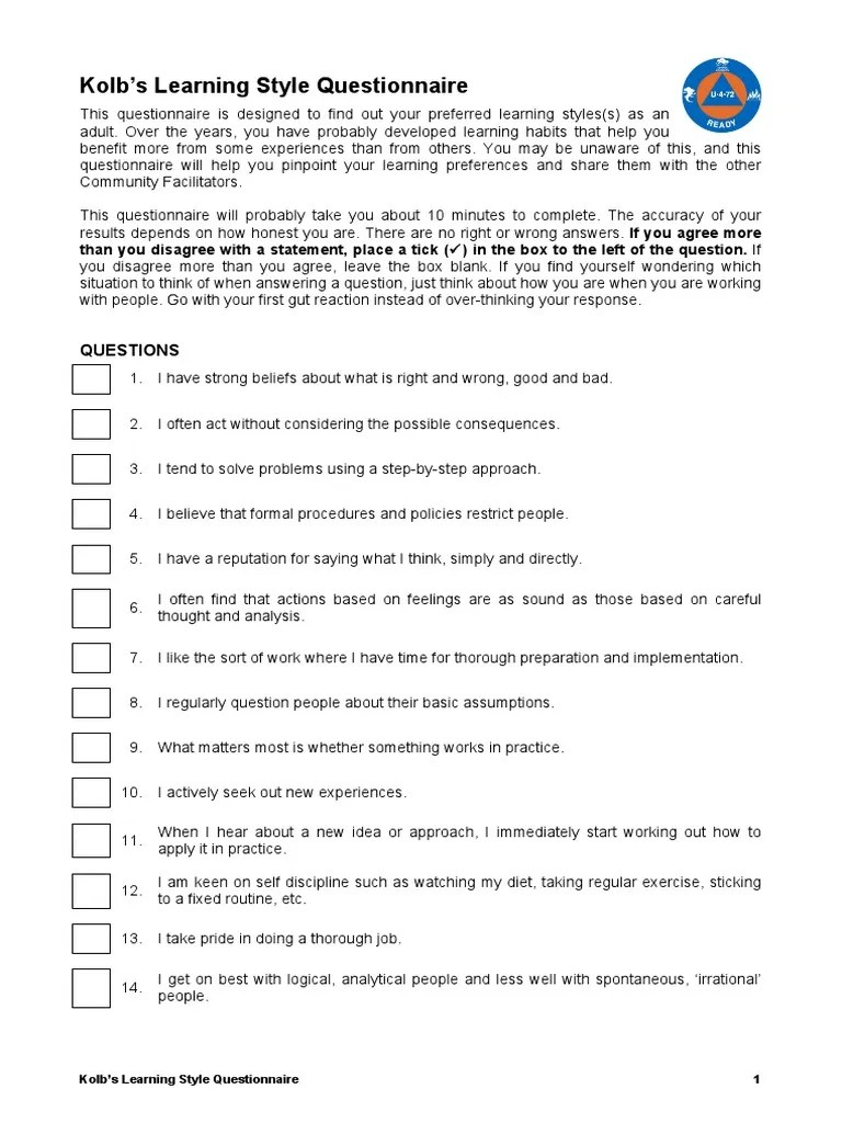 Kolb Questionnaire PDF Learning Styles Metaphysics