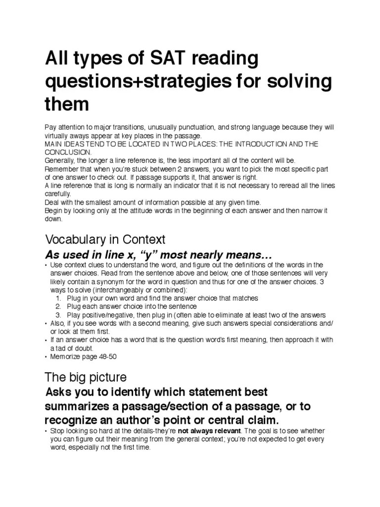 All types of SAT reading questions Question Narration